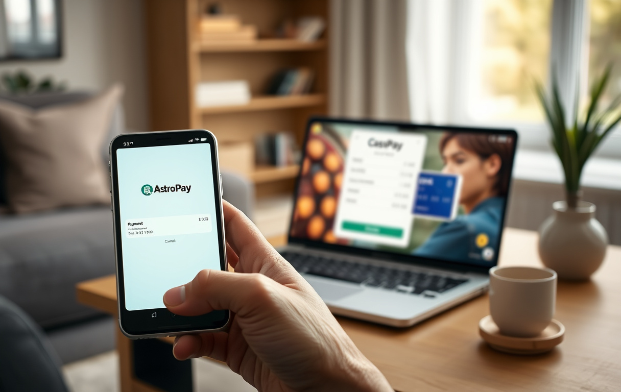Person med mobil og laptop som viser AstroPay betaling på et nettcasino.