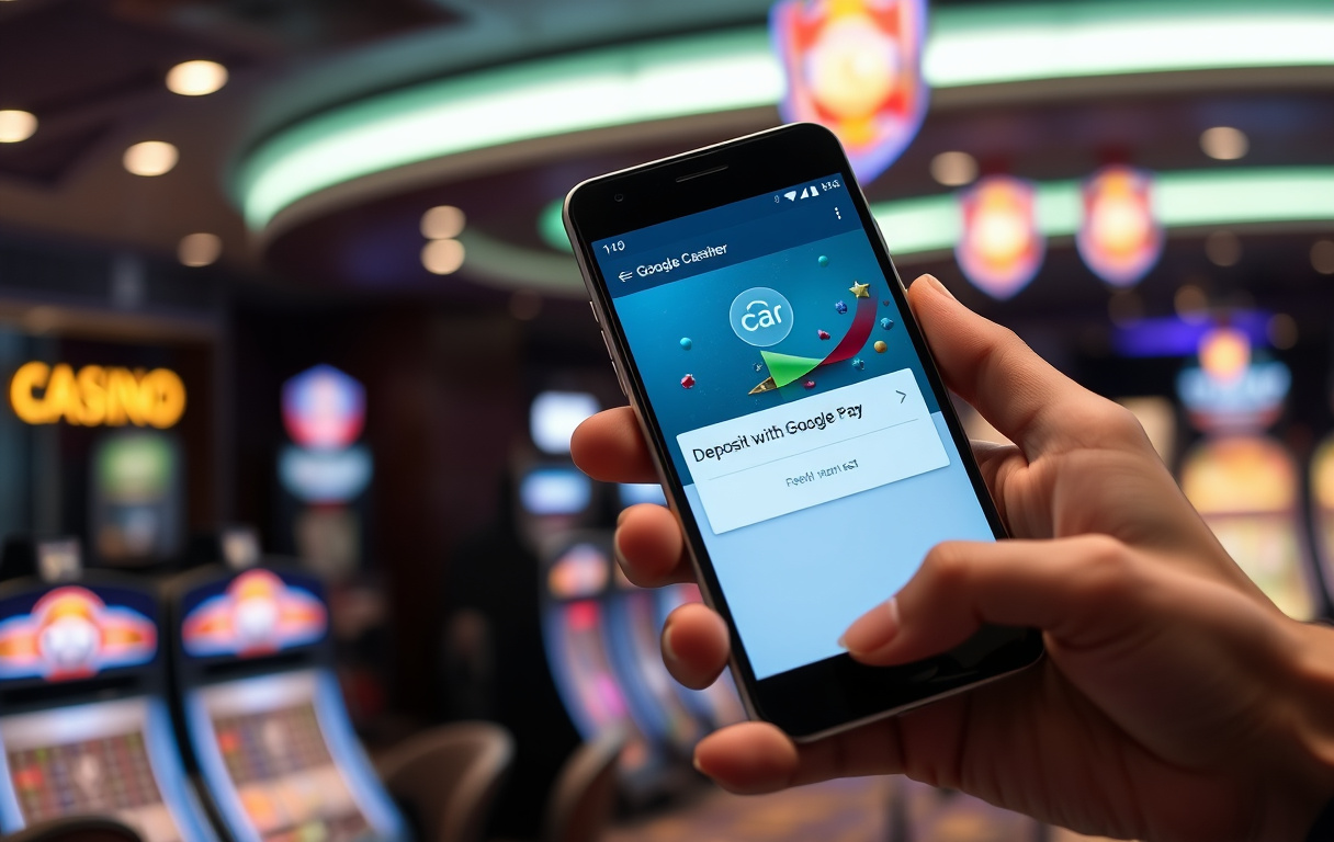 Person som bruker Google Pay på Android-telefon for casino-innskudd.