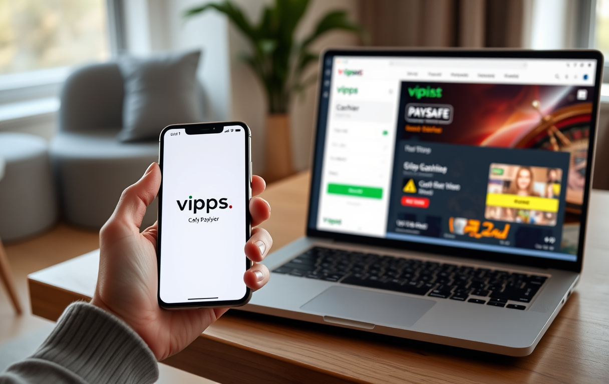 Person med Vipps-app på mobilen ved siden av laptop med casino-kasse