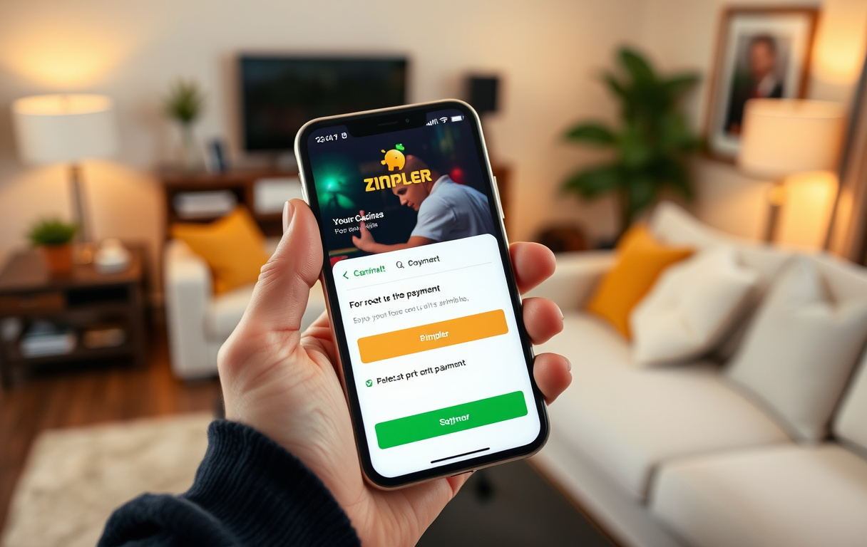 En person holder en mobiltelefon med casino-grensesnitt og Zimpler betalingsalternativ.