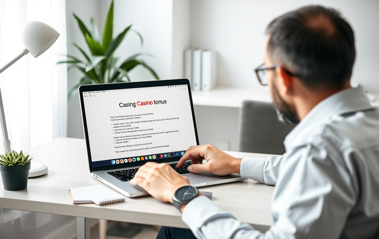 Person som leser casino-bonusvilkår på laptop med kalkulator.