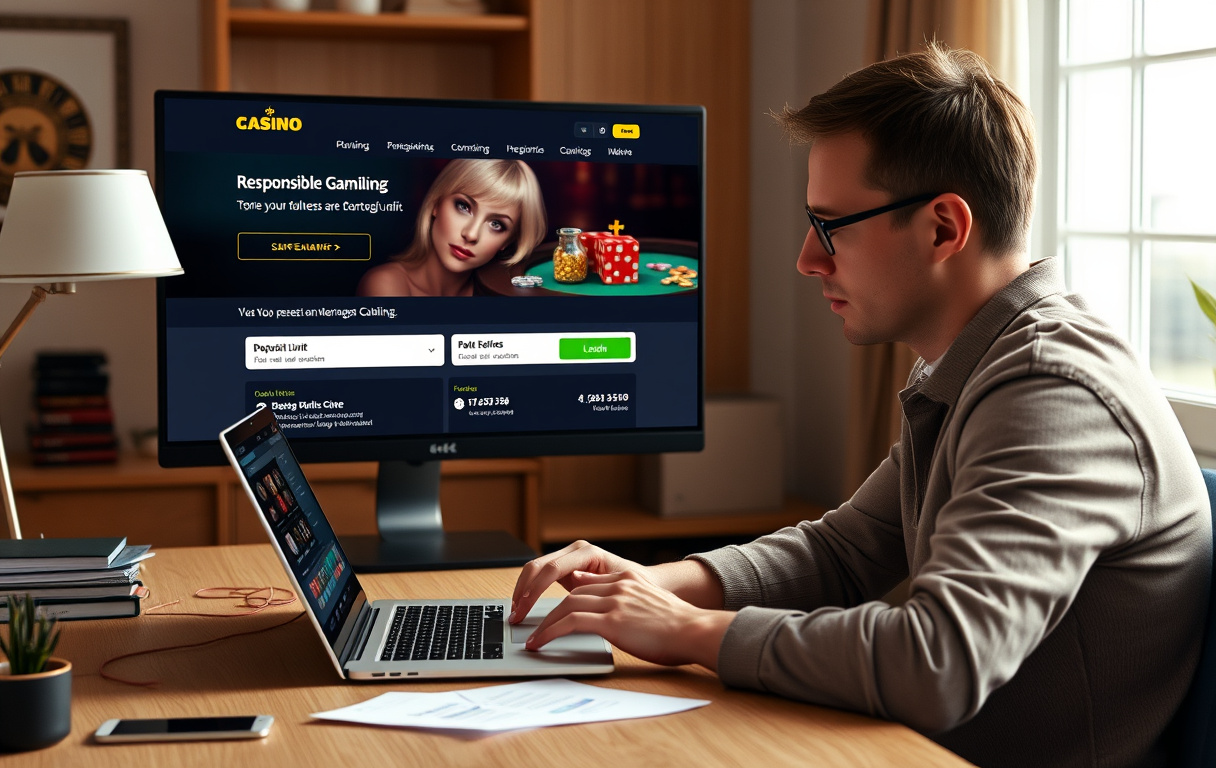 Norsk spiller foran laptop som ser på ansvarlig spilling-innstillinger på et nettcasino