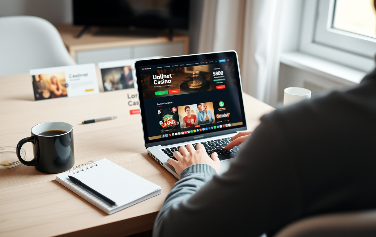 Person som sammenligner casinoer på laptop med notatblokk og kaffekopp