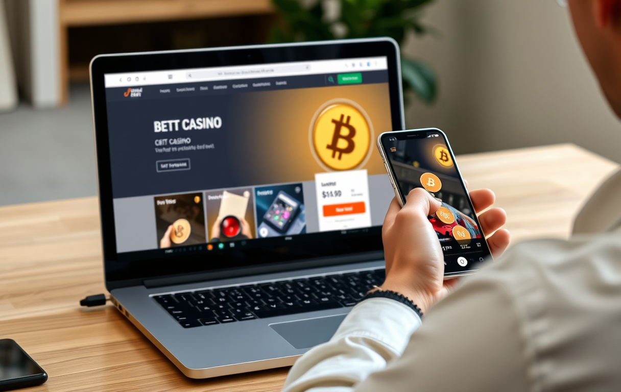 Person som spiller på kryptocasino via laptop, med Bitcoin-lommebok på mobilen