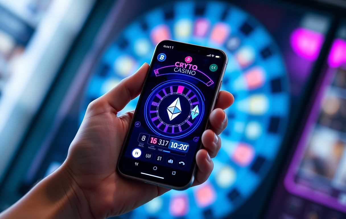 Mobilskjerm med kryptocasino som viser Bitcoin-, Ethereum-ikoner, spilleautomater og rulett.
