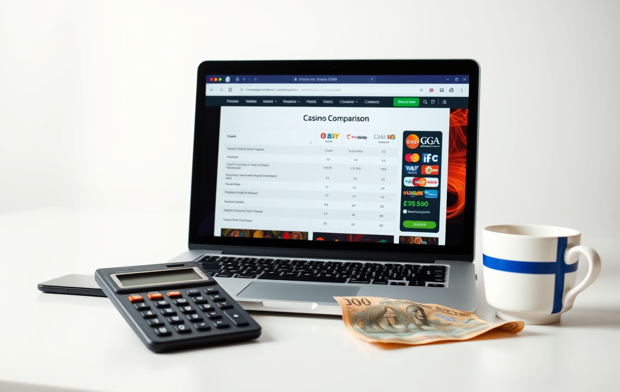 Sammenligning av nettcasino på laptop med lisenslogoer og kalkulator