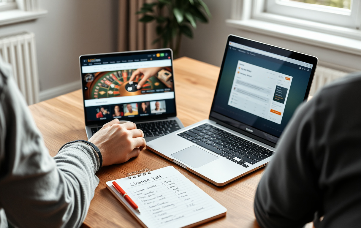En person som sammenligner casinoer på en bærbar PC med notater om lisenser og bonuser.